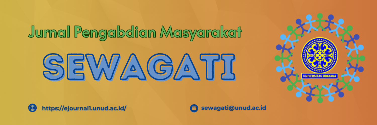 Jurnal ini memuat artikel hasil pengabdian kepada masyarakat, khususnya dalam penerapan ilmu pengetahuan dan teknologi berupa implementasi, penyuluhan, dan diseminasi konsep, model/prototipe, dan perangkat yang merupakan hasil pelaksanaan kegiatan pengabdian kepada masyarakat. Desain konsep, model/prototipe, dan perangkat merupakan hasil pemikiran/gagasan atau hasil penelitian yang kemudian diimplementasikan untuk meningkatkan peran serta masyarakat dan pemberdayaan masyarakat dalam pembangunan.  Jurnal Pengabdian Masyarakat: SEWAGATI diterbitkan oleh Bidang Kemahasiswaan Universitas Udayana yang terbit setiap tiga kali setahun yaitu bulan Februari, Juni, dan Oktober. Semoga jurnal ini dapat menambah wawasan di bidang ilmu pengetahuan dan teknologi, serta penerapannya di masyarakat.